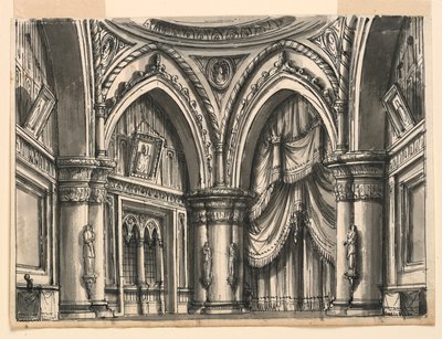 Cenário, Interior do Alto Salão Gótico com Arcos Ogivais de Romolo Achille Liverani