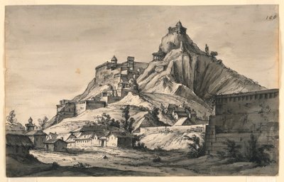 Design de palco, montanha com cidade nas encostas de Romolo Achille Liverani