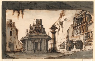 Design de palco, edifícios orientais em meio a cavernas e rochas de Romolo Achille Liverani