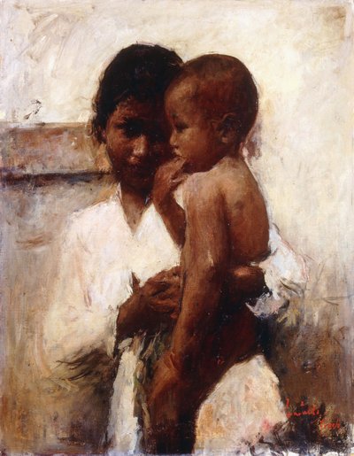 Carinho, uma beleza javanesa segurando uma criança (óleo sobre tela) de Romualdo Locatelli
