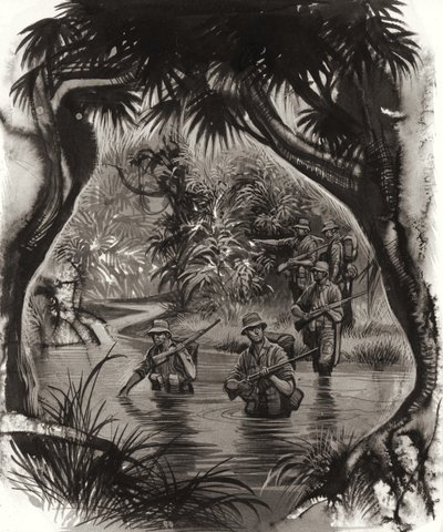 Tropas ANZAC atravessando um rio na selva durante uma patrulha da Segunda Guerra Mundial (guache sobre papel) de Ron Embleton