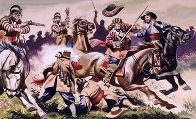 Cena de batalha da Guerra Civil Inglesa de Os Filhos da Nova Floresta de Ron Embleton