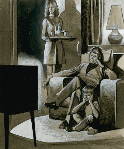 Família a ver televisão a preto e branco na década de 1960 de Ron Embleton