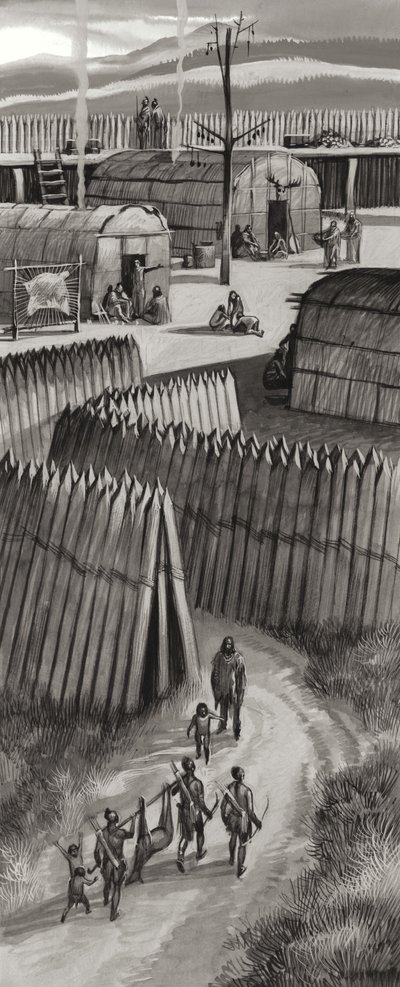 Aldeia fortificada Huron (guache sobre papel) de Ron Embleton