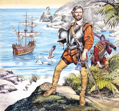 Francis Drake e a corça dourada (guache sobre papel) de Ron Embleton