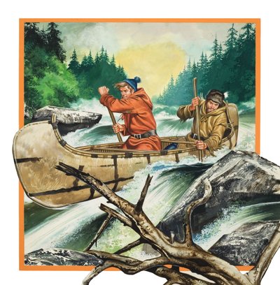 Jack London (1876-1917) viajando numa canoa (guache sobre papel) de Ron Embleton