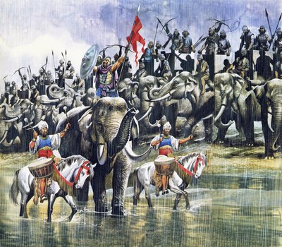 O exército do rei Porus enfrenta Alexandre, o Grande, sob uma chuva torrencial de Ron Embleton