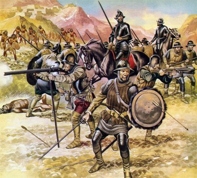 México, os espanhóis organizam uma expedição para encontrar uma cidade dourada a norte (litografia a cores) de Ron Embleton