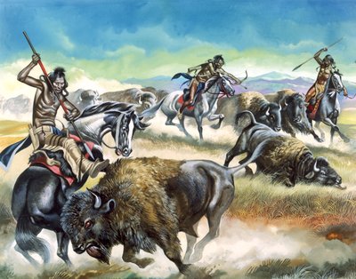Índios nativos americanos a matar bisontes americanos (guache sobre papel) de Ron Embleton