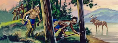 Índios nativos americanos a perseguir um alce (guache sobre papel) de Ron Embleton