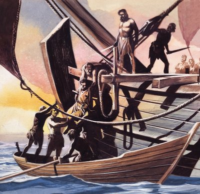Piratas que levam um prisioneiro (guache sobre papel) de Ron Embleton