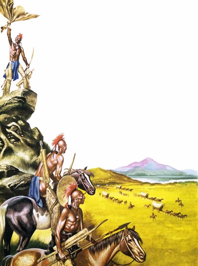 Índios vermelhos observam um comboio de carroças em direção ao Oeste de Ron Embleton