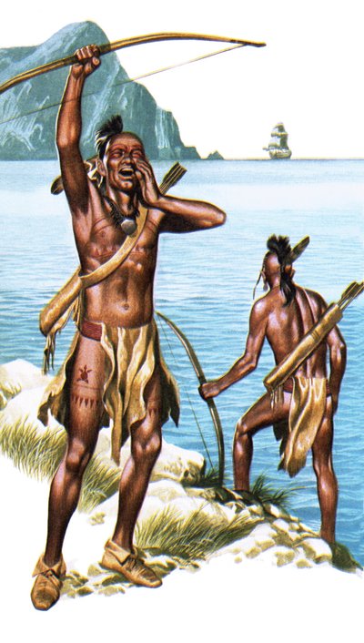Índios vermelhos vêem um navio europeu pela primeira vez de Ron Embleton
