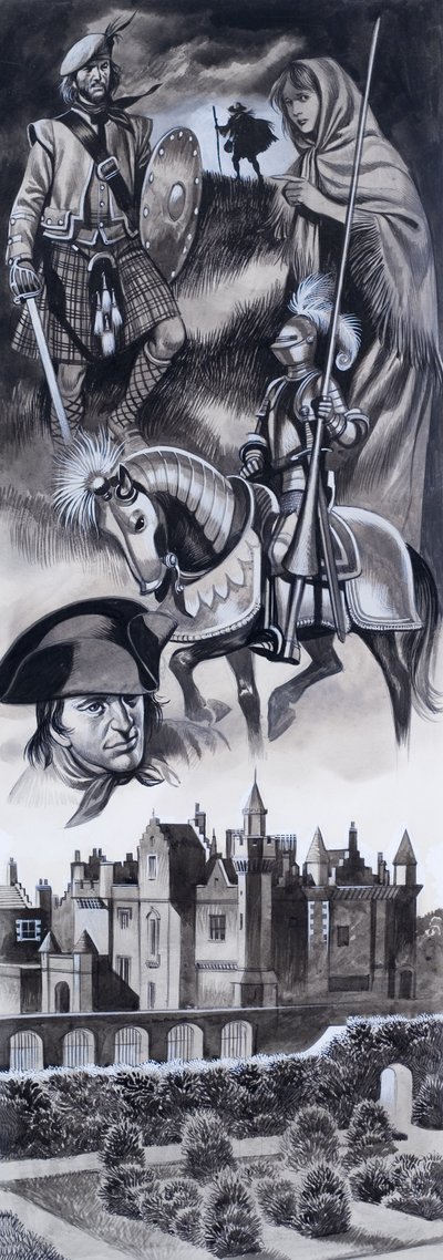 Castelo escocês e personalidades da história escocesa (guache sobre papel) de Ron Embleton