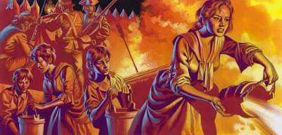 Colonos atacados por índios nativos americanos (guache sobre papel) de Ron Embleton