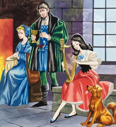 Branca de Neve a tocar harpa para o seu pai (guache sobre papel) de Ron Embleton