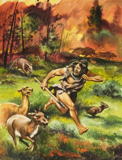 Homem da Idade da Pedra a fugir do fogo de Ron Embleton