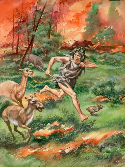 Homem da Idade da Pedra, fugindo do fogo juntamente com animais (guache sobre papel) de Ron Embleton