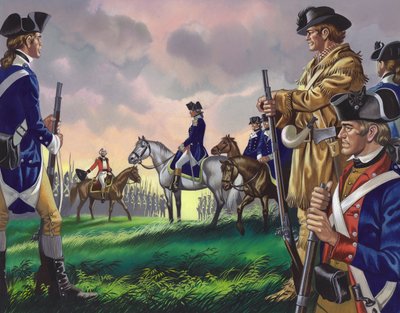 Rendição do general Cornwallis ao comandante americano em Yorktown, Virgínia, em 19 de outubro de 1781 () (guache sobre papel) de Ron Embleton