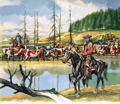 Cowboys texanos conduzindo o gado para norte de Ron Embleton