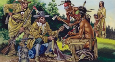 Os franceses no Canadá, negociando peles com os índios nativos (guache sobre papel) de Ron Embleton