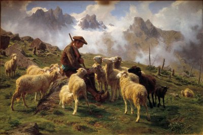 Um Pastor Alpino Dando Sal à Sua Ovelha Pintura de Rosa Bonheur (1822-1899) 1864 Sol. 0,68x1 m Chantilly, Musee Conde de Rosa Bonheur