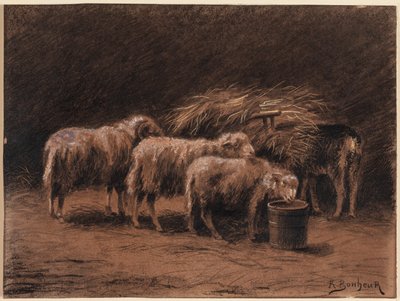 Um par de ovelhas e um carneiro em um estábulo de Rosa Bonheur