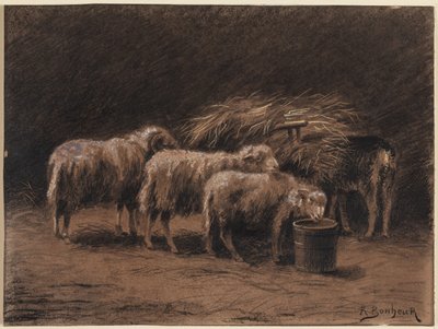Um par de ovelhas e um carneiro em um estábulo de Rosa Bonheur