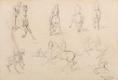 Estudos de um Cavalo e Cavaleiro (grafite sobre papel de trama branca) de Rosa Bonheur