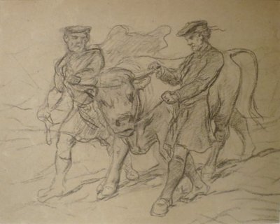 Dois homens com touro de Rosa Bonheur, giz preto, Museu de Arte de Colombo de Rosa Bonheur