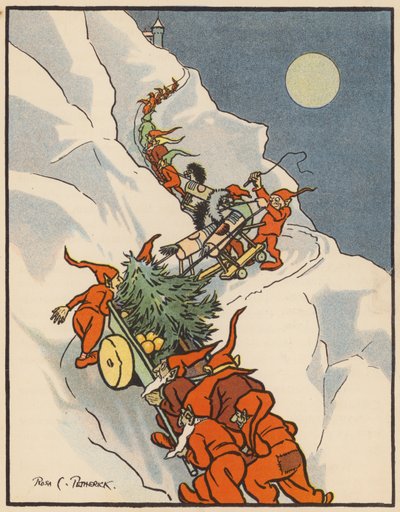 Os Gnomos do Redcap a entregar a Árvore de Natal (litografia a cores) de Rosa Petherick