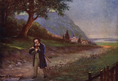 Beethoven em sua caminhada matinal no subúrbio de Viena Kahlenbergerdorf (lito colorido) de Rudolf Klingsbogl