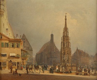 A bela fonte em frente à Frauenkirche em Nuremberga de Rudolf von Alt