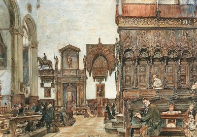 O interior da Basílica de Santa Maria Gloriosa dei Frari, em Veneza, com orações no coro de Rudolf von Alt