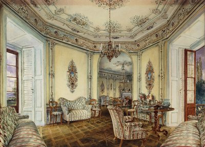 Vista interior do salão de um castelo em Obertwaltersdorf; Interior de um salão do castelo Obertwaltersdorf, de Rudolf von Alt