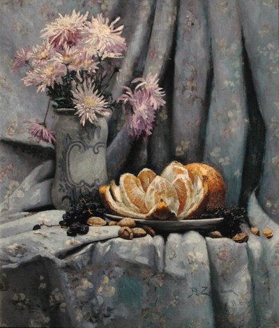 Crisântemos e uma Laranja Aberta (óleo sobre tela) de Rufus Fairchild Zogbaum