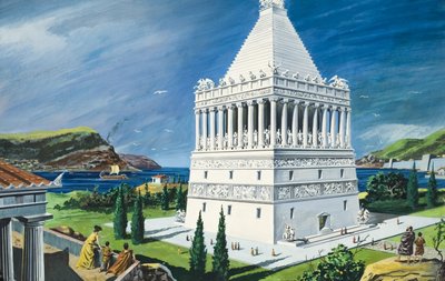 O Mausoléu de Halicarnasso, concluído em 353 a.C. (guache sobre papel) de Ruggero Giovannini