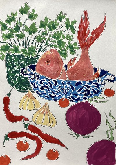 Peixe fresco e legumes de Rushati Chowdhury
