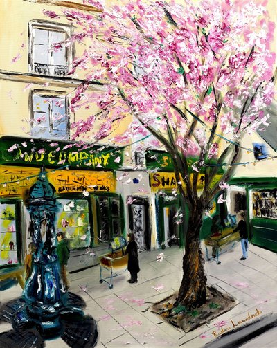 Cerejeiras em flor na Shakespeare and Co Paris - com adornos dourados, 2023 (óleo sobre tela) de Ruslana Levandovska