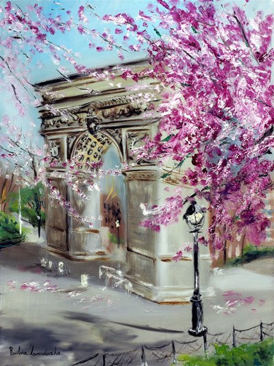 Flores de cerejeira no Washington Square Park, Nova Iorque, 2022 (óleo sobre tela) de Ruslana Levandovska