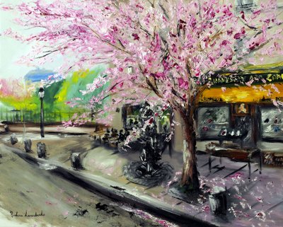 Cerejeiras em flor de Shakespeare  Company Paris, 2021 (óleo sobre tela) de Ruslana Levandovska
