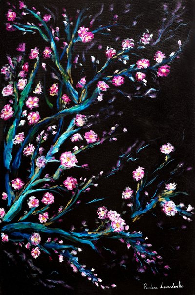 Flores de cerejeira em preto, 2024 (óleo sobre tela) de Ruslana Levandovska