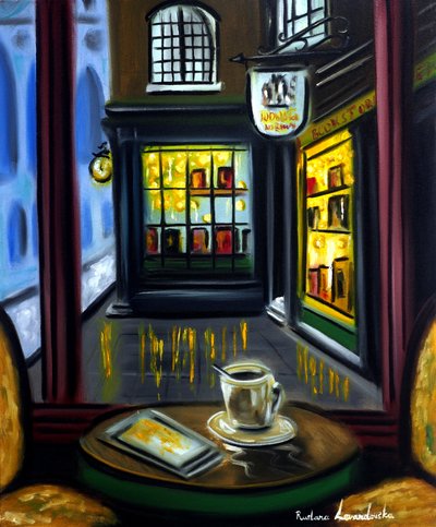 Café e livraria, 2025 (óleo sobre tela) de Ruslana Levandovska