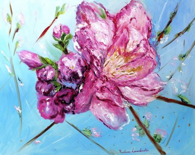 Flores de cerejeira cor-de-rosa, com adornos dourados, 2023 (óleo sobre tela) de Ruslana Levandovska