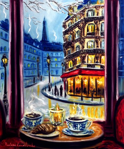 Mesa para dois em Paris, 2025 (óleo sobre tela) de Ruslana Levandovska
