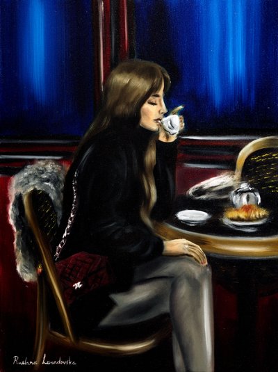 Mulher num café de Paris II, 2024 (óleo sobre tela) de Ruslana Levandovska