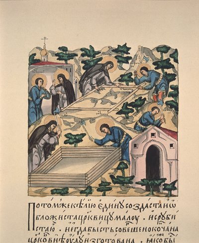 Santos Bartolomeu e Estevão construindo igreja em homenagem à Santíssima Trindade na miniatura do livro Makovets Hill, século XVI de Russian Master