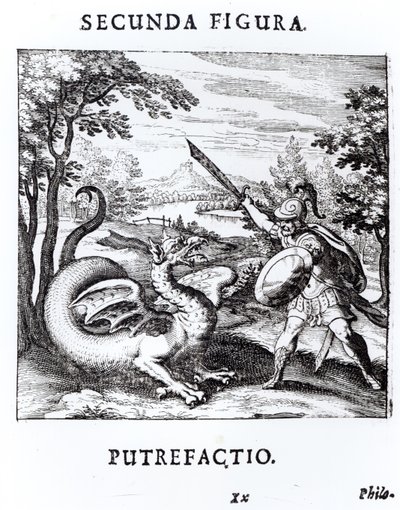 Um cavaleiro derrotando &39;Rot&39; que é incorporado por um dragão, de &39;Musaeum Hermeticum Reformatum&39; por Basil Valentine, 1678 de Russian School