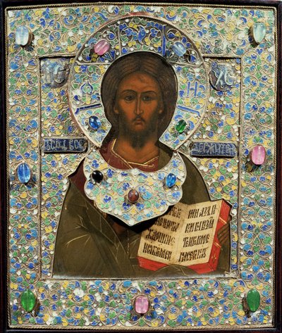 Christ Pantocrator, ícone (têmpera sobre painel com moldura de esmalte dourado e cloisonne) de Russian School