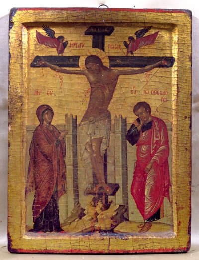 Cristo na cruz (tempera e folha de ouro no painel) de Russian School